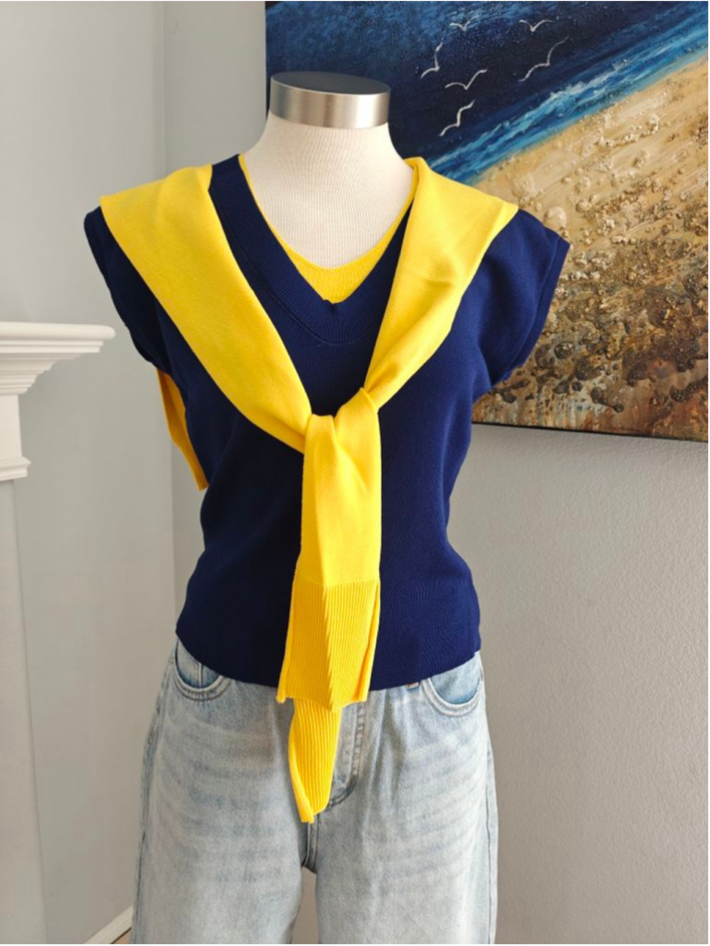 Women's Unbranded Navy & Yellow V-Neck Sweater Vest